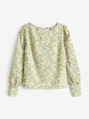 Sage Green Floral Long Sleeve Crew Neck Cuff Blouse - Image 5 of 6
