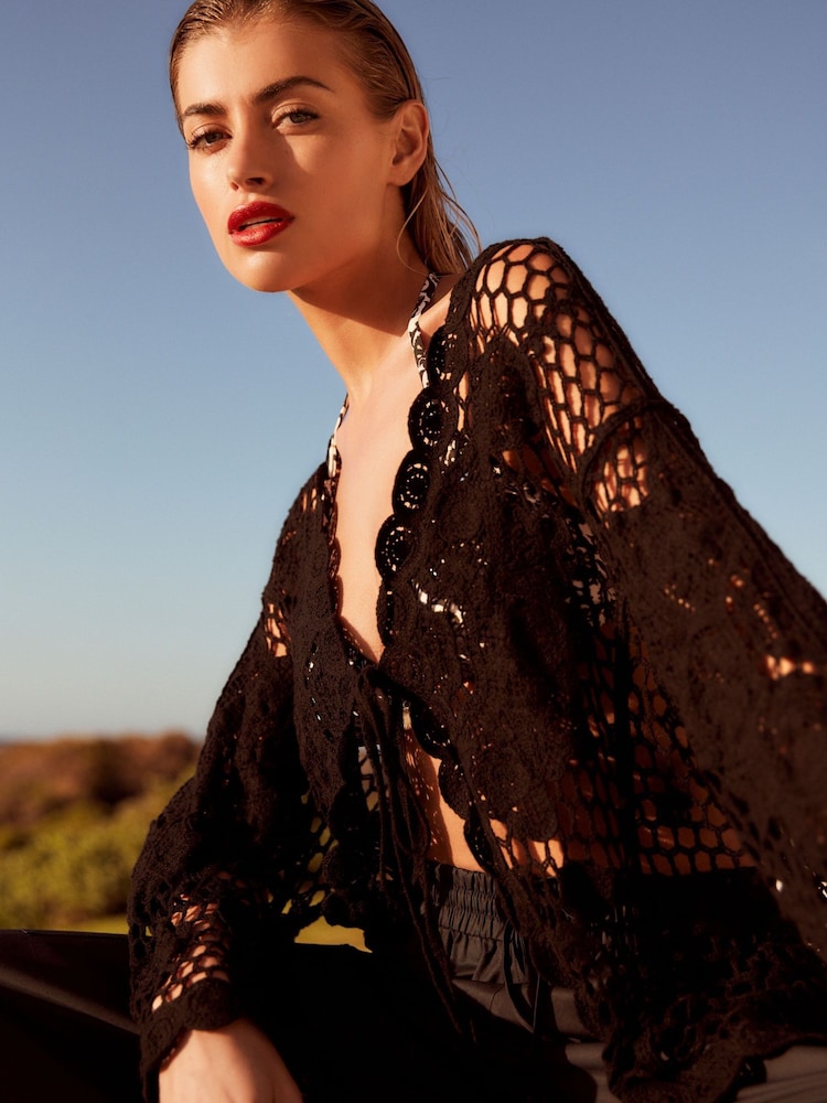 Black Long Sleeve Crochet Cardigan - Image 1 of 6