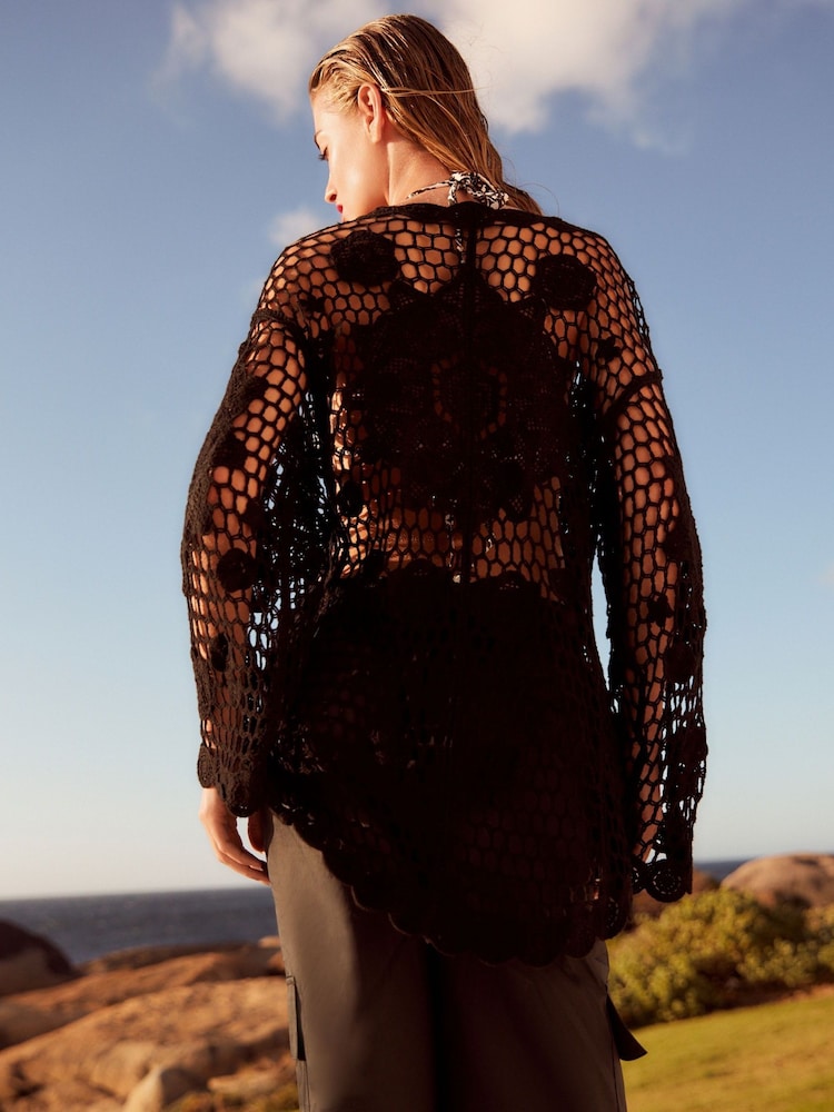 Black Long Sleeve Crochet Cardigan - Image 3 of 6