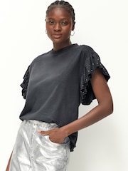 Charcoal Grey Sparkle 100% Cotton Sparkle Stud Ruffle Sleeve T-Shirt - Image 1 of 7