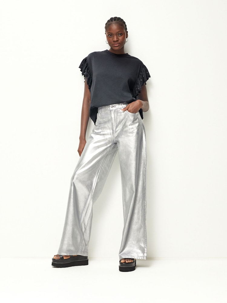 Charcoal Grey Sparkle 100% Cotton Sparkle Stud Ruffle Sleeve T-Shirt - Image 2 of 7
