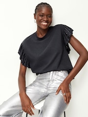 Charcoal Grey Sparkle 100% Cotton Sparkle Stud Ruffle Sleeve T-Shirt - Image 3 of 7