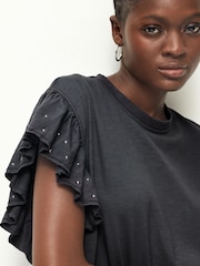 Charcoal Grey Sparkle 100% Cotton Sparkle Stud Ruffle Sleeve T-Shirt - Image 5 of 7