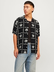 JACK & JONES Black Palm Print Resort Summer Short Sleeve Shirt - Image 1 of 7