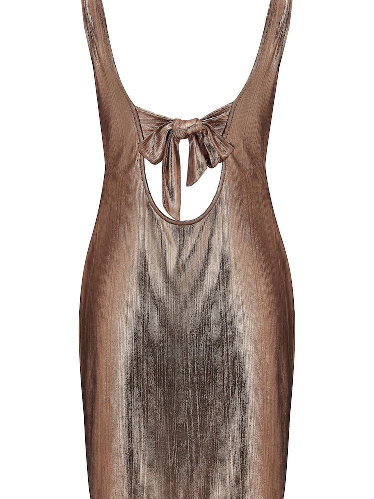 Pour Moi Gold Metallic Lamé Wrapover Scoop Back Mini Dress - Image 5 of 5 Pour Moi Gold Metallic Lamé Wrapover Scoop Back Mini Dress - Image 5 of 5