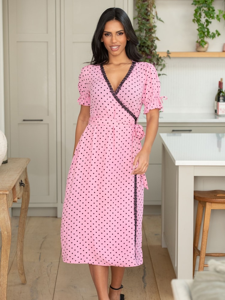 Pour Moi Pink Laney Lace Trim Woven Wrap Midi Dress - Image 1 of 5