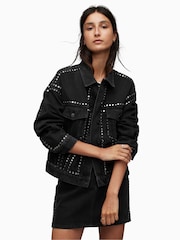 AllSaints Black Bella Stud Denim Jacket - Image 1 of 10