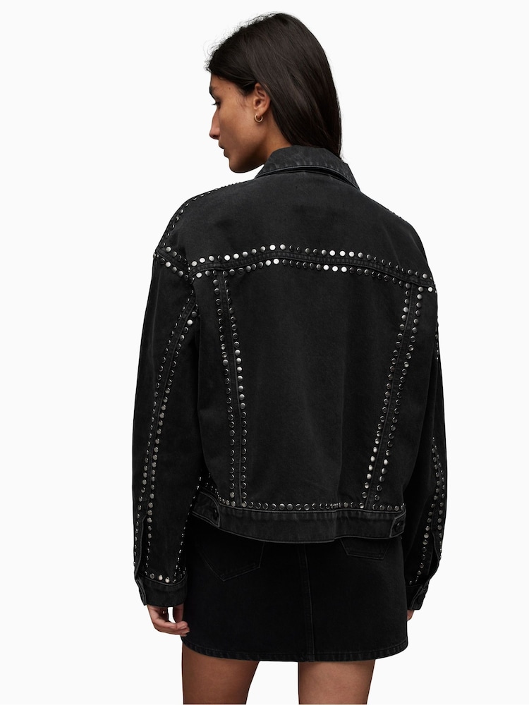 AllSaints Black Bella Stud Denim Jacket - Image 2 of 10