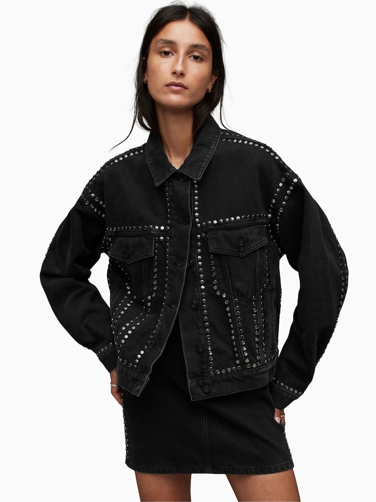 AllSaints Black Bella Stud Denim Jacket - Image 6 of 10