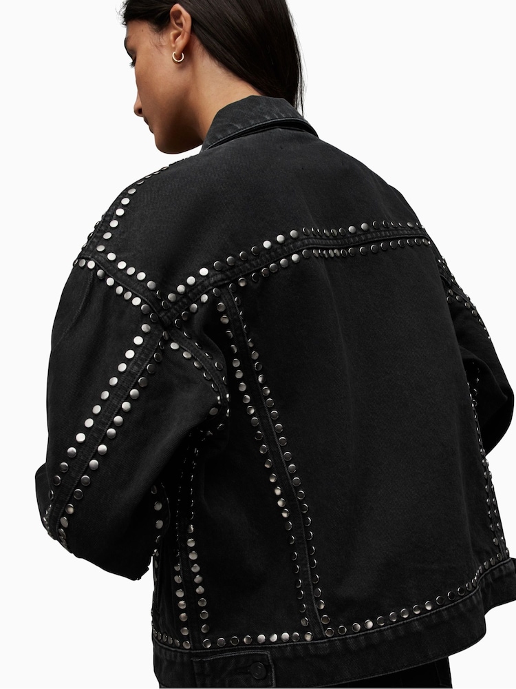 AllSaints Black Bella Stud Denim Jacket - Image 7 of 10