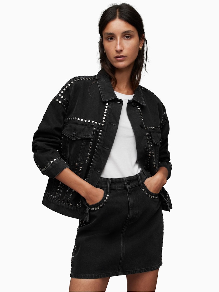 AllSaints Black Bella Stud Denim Jacket - Image 8 of 10