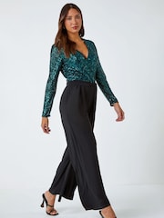 Roman Green Sequin Stretch Wide Leg Jumpsuit - Image 2 of 5