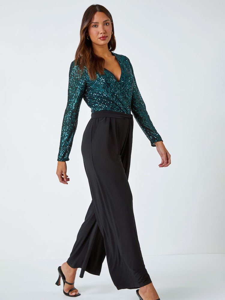 Roman Green Sequin Stretch Wide Leg Jumpsuit - Image 2 of 5