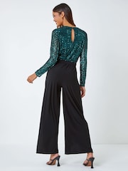 Roman Green Sequin Stretch Wide Leg Jumpsuit - Image 3 of 5
