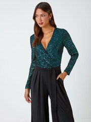 Roman Green Sequin Stretch Wide Leg Jumpsuit - Image 4 of 5