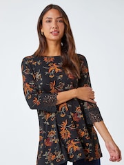 Roman Black Paisley Lace Trim Stretch Top - Image 1 of 5