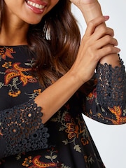 Roman Black Paisley Lace Trim Stretch Top - Image 5 of 5