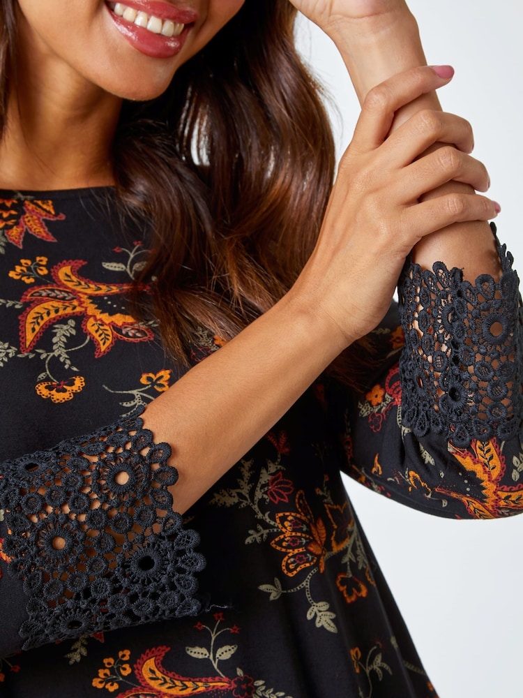 Roman Black Paisley Lace Trim Stretch Top - Image 5 of 5