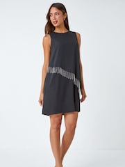 Roman Black Diamante Trim Asymmetric Overlay Dress - Image 2 of 5