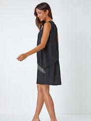 Roman Black Diamante Trim Asymmetric Overlay Dress - Image 3 of 5