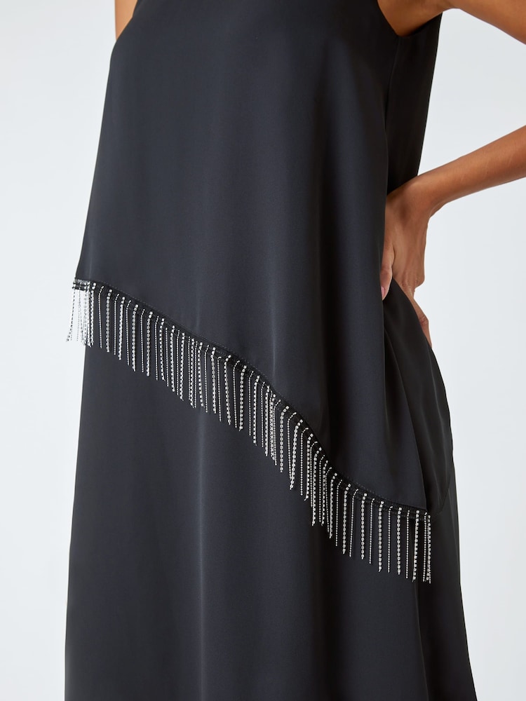 Roman Black Diamante Trim Asymmetric Overlay Dress - Image 5 of 5
