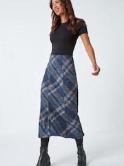 Roman Blue Panelled Check Print Midi Stretch Skirt - Image 1 of 5