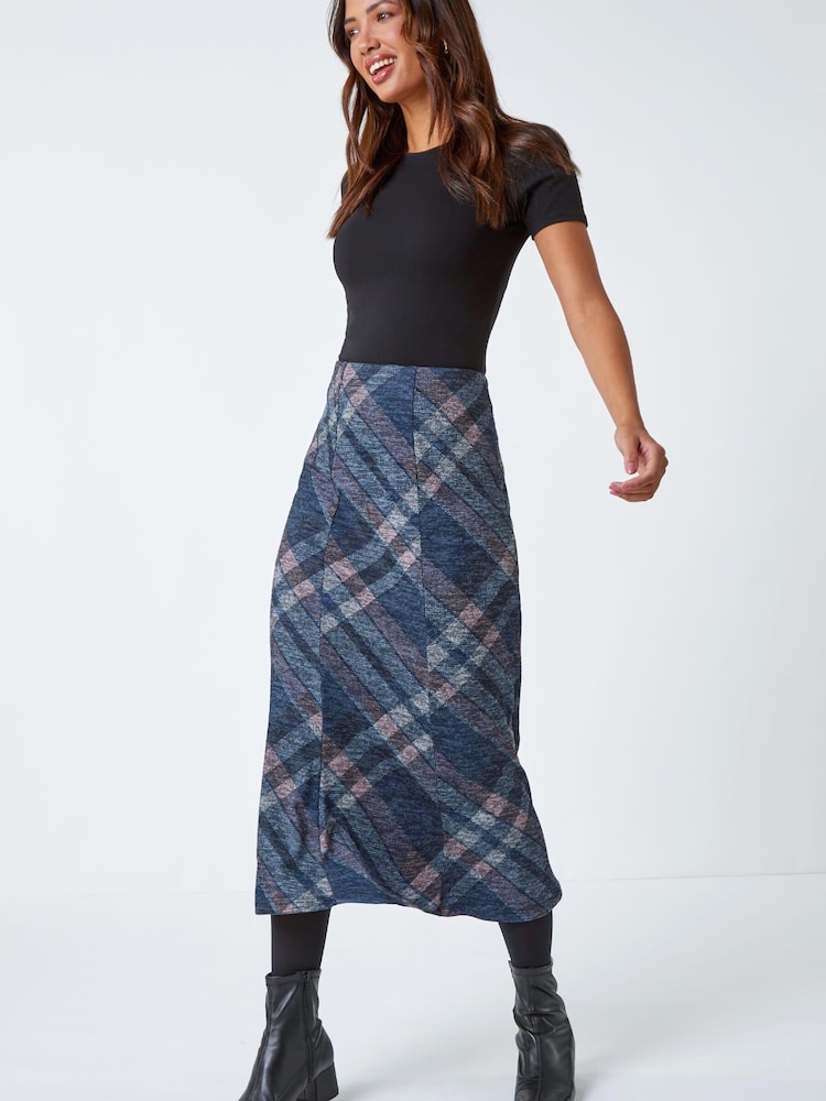 Roman Blue Panelled Check Print Midi Stretch Skirt - Image 1 of 5