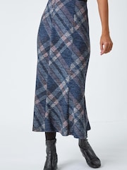 Roman Blue Panelled Check Print Midi Stretch Skirt - Image 3 of 5