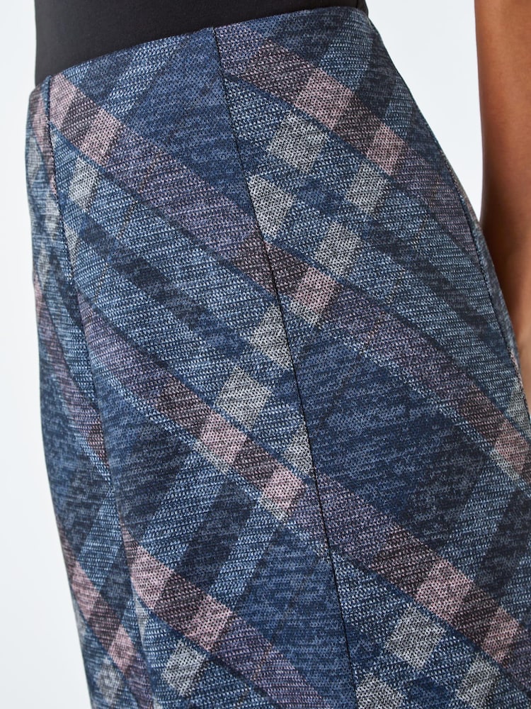 Roman Blue Panelled Check Print Midi Stretch Skirt - Image 5 of 5