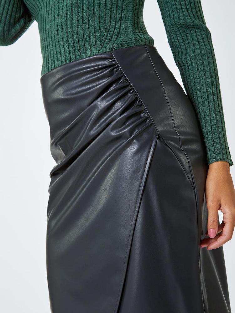 Roman Black Faux Leather Ruched Wrap Skirt - Image 5 of 5