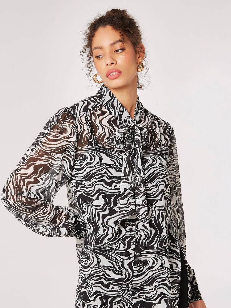 Apricot Black Pussybow Painterly Marble Blouse - Image 1 of 5