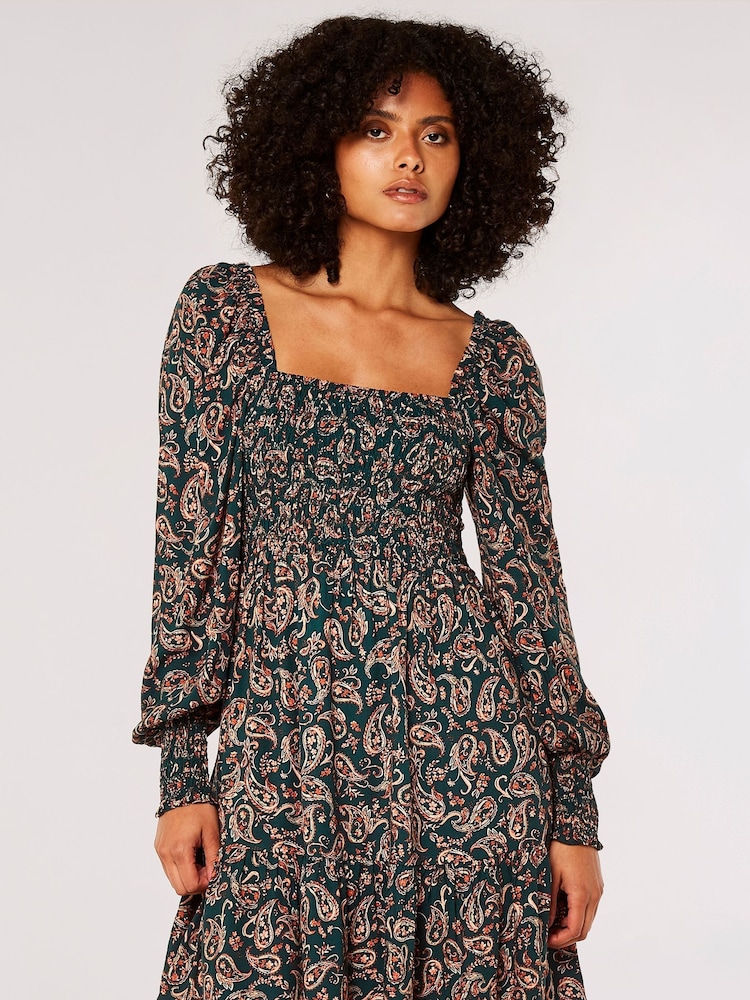 Apricot Green Painterly Short Puff Sleeve Dress - Image 1 of 4 Apricot Green Painterly Short Puff Sleeve Dress - Image 1 of 4