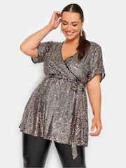 Yours Curve Gold London Sequin Wrap Top - Image 1 of 4