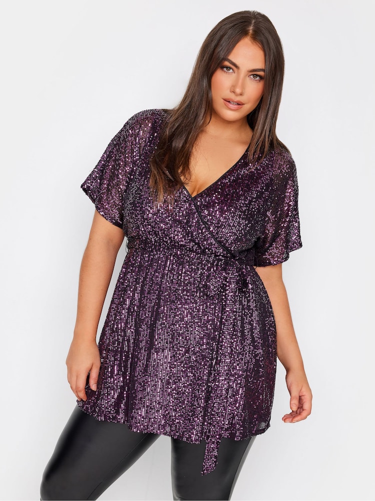 Yours Curve Purple London Sequin Wrap Top - Image 1 of 4
