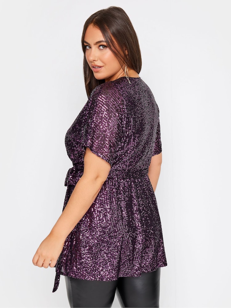 Yours Curve Purple London Sequin Wrap Top - Image 2 of 4