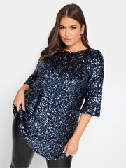Yours Curve Blue London Sequin Flute Sleeve Top - Image 1 of 4