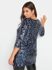 Yours Curve Blue London Sequin Flute Sleeve Top - Image 2 of 4