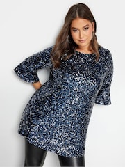 Yours Curve Blue London Sequin Flute Sleeve Top - Image 4 of 4