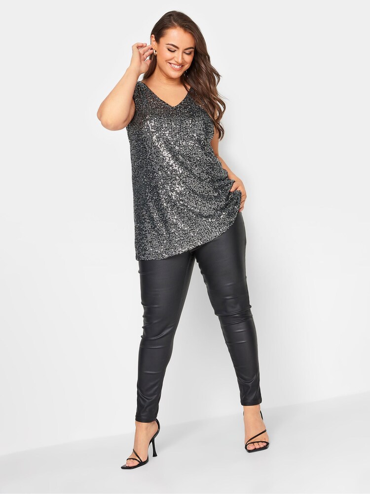 Yours Curve Silver London Sequin Sleeveless Top - Image 1 of 4