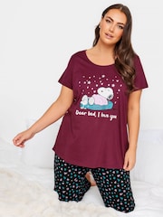 Yours Curve Red 100% Cotton Bed I Love You Snoopy Tapered Pyjamas Set - Image 3 of 4