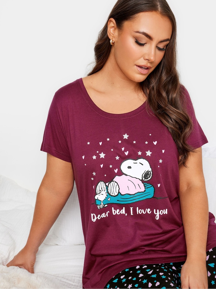 Yours Curve Red 100% Cotton Bed I Love You Snoopy Tapered Pyjamas Set - Image 4 of 4