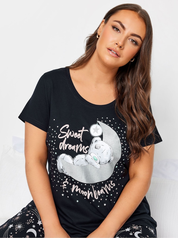 Yours Curve Blue 100% Cotton Sweet Dreams Tatty Teddy Wide Leg Pyjamas Set - Image 1 of 4