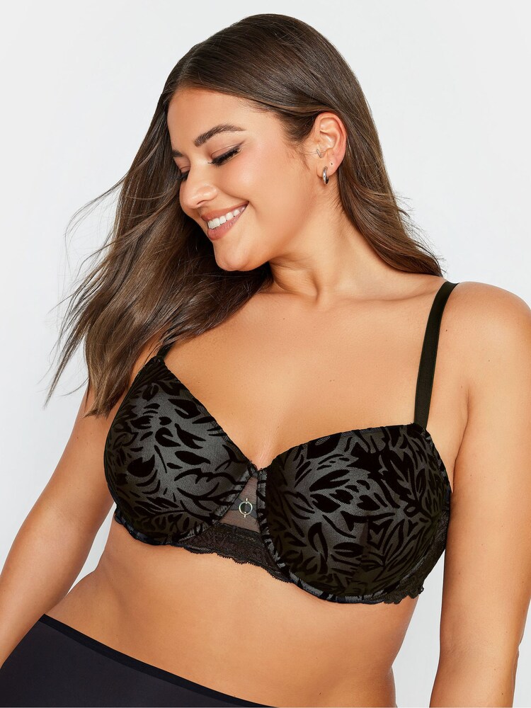 Yours Curve Black Felicity Leaf Flock Padded T-Shirt Bra - Image 1 of 6
