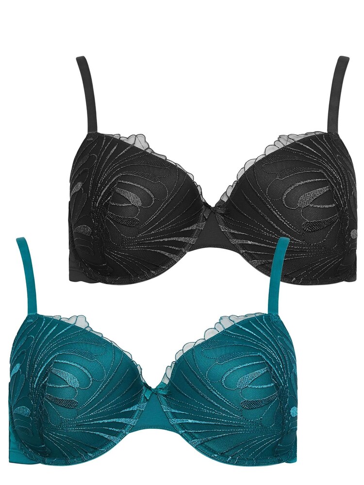 Yours Curve Black Leaf Embelished T-Shirt Bras 2 Pack - Image 1 of 5