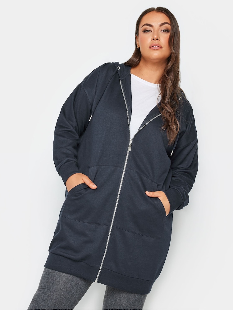 Yours Curve Blue Longline Zip Through Hoodie - Image 1 of 4