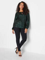 M&Co Green Sequin Keyhole Bellow Sleeve Blouse - Image 3 of 5