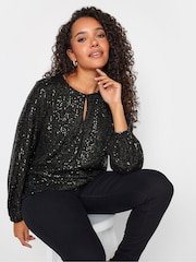 M&Co Black Sequin Keyhole Bellow Sleeve Blouse - Image 1 of 4
