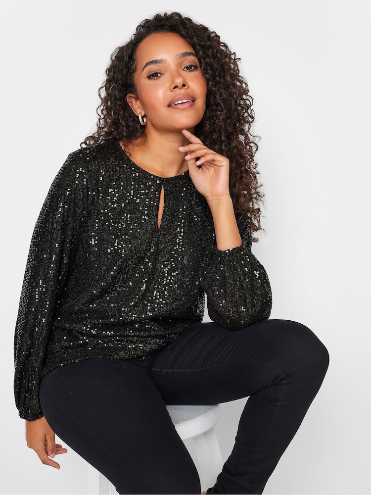 M&Co Black Sequin Keyhole Bellow Sleeve Blouse - Image 1 of 4