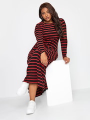 Yours Curve Black Long Sleeve Ribbed Swing Stripe Dress - Image 1 of 4