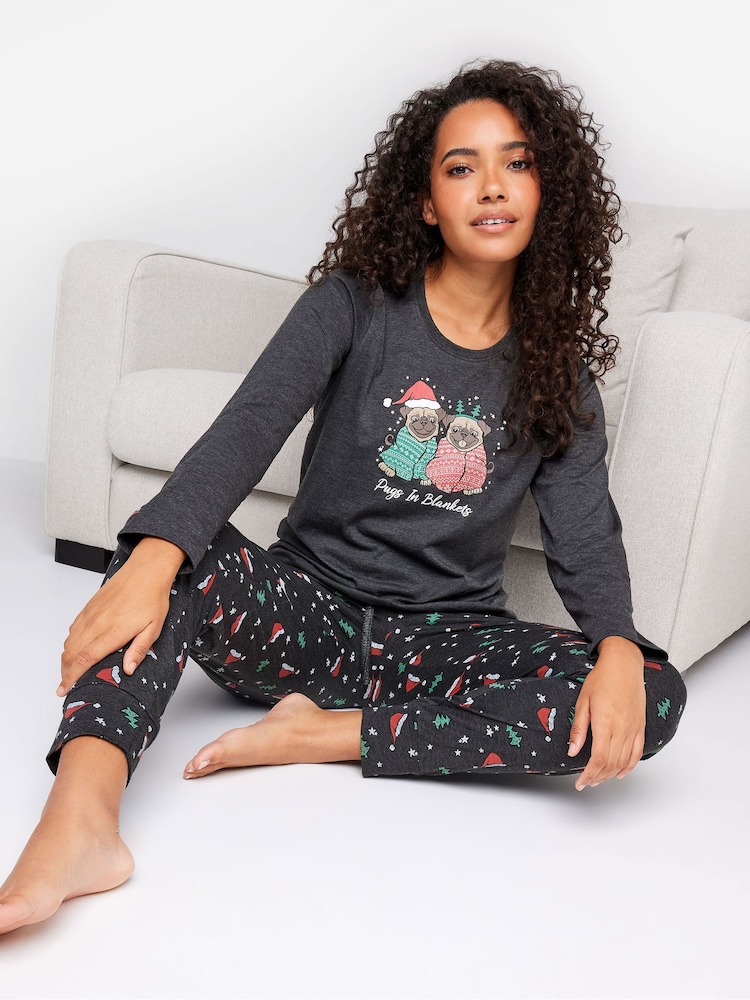 M&Co Grey Pugs In Blankets Long Sleeve Cuffed Pyjama Set - Image 1 of 5